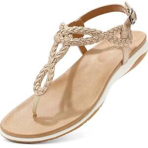 Flat Sandals Dress Braided T-Strap Thong Sandals with Arch Support Comfortable
